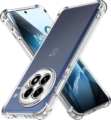 Two transparent phone cases are displayed diagonally, overlapping each other, against a white background. One case is in the foreground, showing the back with a camera module. The other case is behind it, showing the front with a screen.