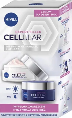 A product box for NIVEA Cellular Expert Filler anti-aging skincare set, showing two jars of cream and promotional text.