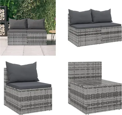 Produktbild von vidaXL Garten Mittelsofas mit Kissen 2 Stk. Grau Poly Rattan - Garten Mittelsofa - Garten Mittelsofas - Sofa - Gartenmöbel