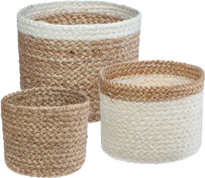Produktbild von Aufbewahrungskörbe aus Jute, rund, 3 Stück, naturfarben und weiß
