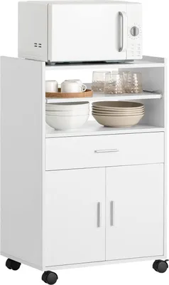 Obrázok produktu pre SoBuy kuchynská skrinka na kolieskach kuchynský vozík mobilný kontajner vozík na nápoje mikrovlnná rúra skrinka s posuvnou policou biela cca: 59x92x40cm