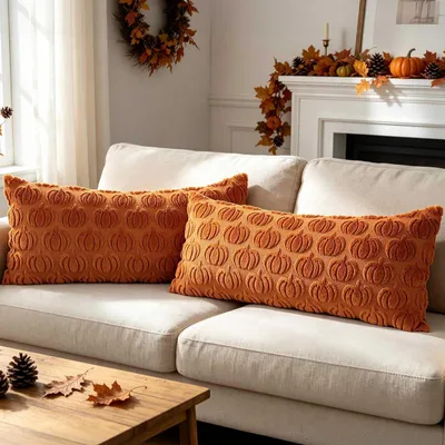 Imagen del producto de Funda de cojín de felpa, 40 x 80 cm, con motivos de calabazas, ideal para decoración otoñal