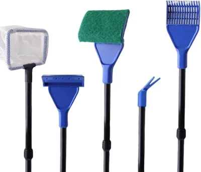 Produktbild von Aquarium Reinigungsset 5-in-1, Algenkratzer, Bürste, Kiesrechen, Pflanzenforke, Fischnetz, Kunststoff