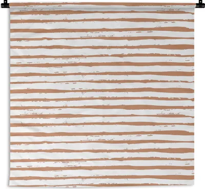 Produktbild von MuchoWow® Wandteppich Wandbehang Streifen - Weiß - Braun 120x120 cm Tapisserie Dekoration Wandtuch - Modern - Baumwollgewebe