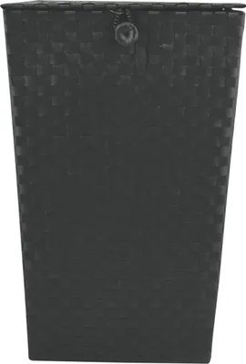 A black laundry basket with a lid.
