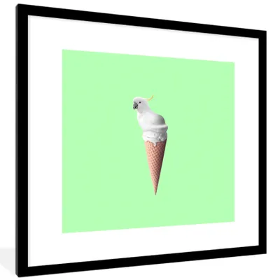 Produktbild von MuchoWow® Gerahmtes Poster Papagei - Eistüten - Eiscreme - Weiß - Grün 40x40 cm - Poster mit Schwarzem Bilderrahmen Wandposter Rahmen Foto Bilder - Poster - Plakat im Rahmen