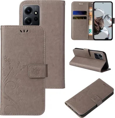 Produktbild von Handyhülle für Xiaomi Redmi Note 12 Floral Blumen Schmetterling Flip Cover Hülle Case Klapphülle Handytasche Farbe: Grau