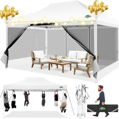 Immagine prodotto di Gazebo da esterno 3x4,5 metri, impermeabile, con protezione UV, dotato di 4 pareti laterali in rete, colore kaki e bianco, con altezza regolabile