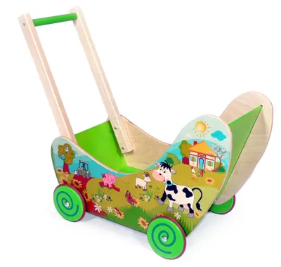 Produktbild von Hess Holzspielzeug 31179 - Puppenwagen aus Holz, Serie Bauernhof, handgefertigt, mit Gummibereifung, für Kinder ab 12 Monaten, ca. 54 x 8,5 x 38,8 cm, für den Spaziergang mit Puppe und Teddy