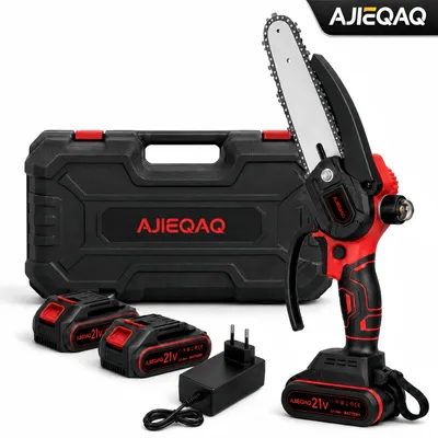Produktbild von AJIEQAQ Mini Akku-Kettensäge 6 Zoll 21V, Brushless, 5 m/s, 2×2,0Ah Akku, bis 100 mm Schnitt, mit Koffer & Ersatzkette