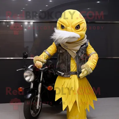 Produktbild von Zitronengelber REDBROKOLY Betta-Fisch Maskottchen Kostüm charakter gekleidet mit einer Bikerjacke und Tüchern