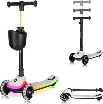 A collage of images showing a children's scooter from different angles and in different configurations.