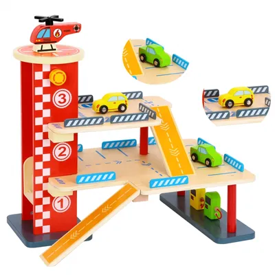 Produktbild von TOOKY TOY Holzgarage, Parkplatz, Strecke, Landeplatz, Tankstelle + AUTKA und HUBSCHRAUBER