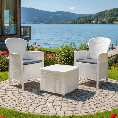 Produktbild von Outdoor-Lounge-Set Dkon, Gartengarnitur mit 2 Sesseln und 1 Containertisch, Sitzecke in Rattan-Optik, 100 %  Italy, Weiß