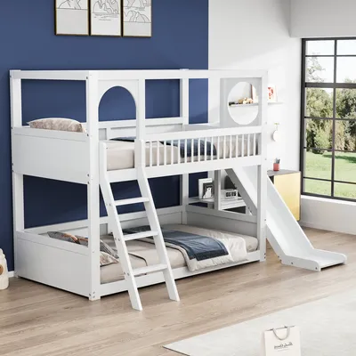 Produktbild von okwish Etagenbett Kinderbett 90x200cm mit Rutsche und Leiter, Hochbett mit Regalen, Lattenrost und Rausfallschutz, Massivholzbett Stockbett Jugendbett