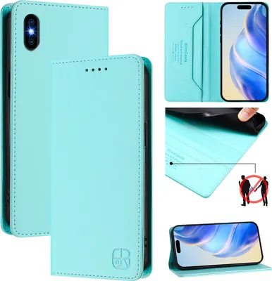 Produktbild von Lederhülle für iPhone XS Max Hülle Flip Brieftasche Kartenfächern Ständer Schutzhülle Türkis