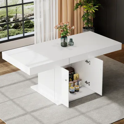 Image de MODFU Table À Manger - Extensible Avec Rangement Pratique, Structure Métal Et Plateau MDF Blanc, Pour Salon Et Cuisine, 140/180 x 80 x H 76 cm - Blanc