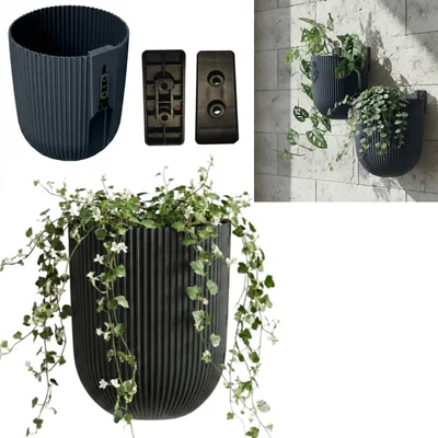 Image de Pot de fleurs suspendu, support mural pour plantes, pot de fleurs mural, pot de fleurs suspendu, H 18 cm, Ø 14,5 cm, rainures verticales, anthracite, plantes grimpantes, mur végétal, décoration florale