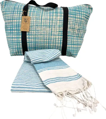 Zdjęcie produktu dla Stylowy komplet torba plażowa + ręcznik HAMAM 75x150 cm turkusowy