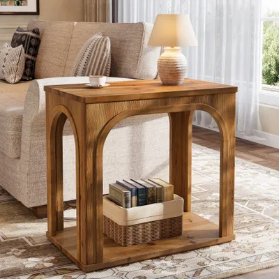 Immagine prodotto di Tribesigns, tavolino curvo, tavolo in legno massello con ripiano, a due livelli, in stile rustico, ideale per soggiorno, camera da letto, colore marrone rustico