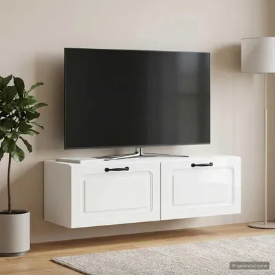Zdjęcie produktu dla Maison Exclusive – wisząca szafka pod telewizor, biała, z połyskiem, 98 x 31 x 30 cm