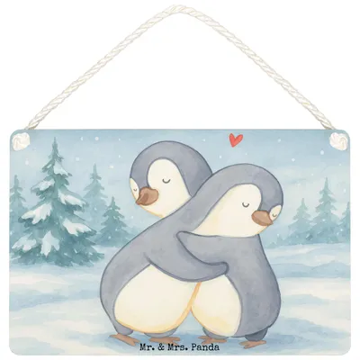 Produktbild von Mr. & Mrs. Panda holzbild Pinguine Kuscheln Design DIN A4 - Weiß - Geschenk, kleine aufmerksamkeit, für Freundin, Hochzeitstag, Valentinstag, Holzschild, Türschild