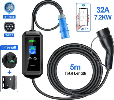 Obrázok produktu pre Prenosná nabíjačka EV, nastaviteľný prúd, ovládanie pomocou aplikácie, APP-7.2KW-5M, TYP2