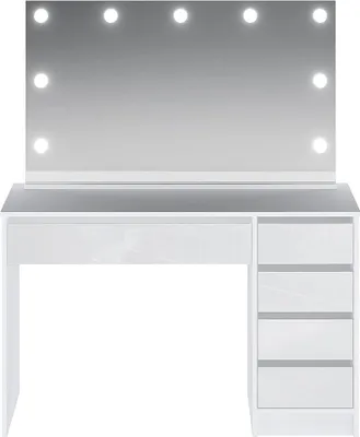 Produktbild von Schminktisch mit Spiegel und LED-Beleuchtung - 5 Schubladen - weiß glänzend - JENEMI