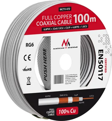 Obrázok produktu pre Anténny kábel Koaxiálny kábel RG6 z čistej medi 100% Cu Koaxiálny anténny kábel SAT Satelitný kábel TV (100 m)