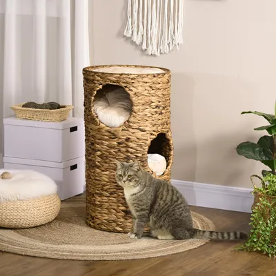 Produktbild von SUGIFT Kratztonne Boho-Design, Katzenhöhle 3 Ebenen Wasserhyazinthe, Katzenturm Naturgeflecht, Braun Cremeweiß | Metallgestell | 4,8 kg | 40 x 40 x 73 cm