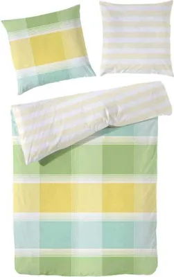 Produktbild von Hahn Renforcé Bettwäsche Renforce Wende Kariert Beige Grün 100% Baumwolle Reißverschluss Bettbezug Kissenbezug Bettgarnitur 155x220 cm