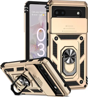 Produktbild von Google Pixel 6A Hülle mit Schiebe Kamera Schutz und Ringhalter Ständer Robust Rüstung Schutzhülle für Google Pixel 6A Gold