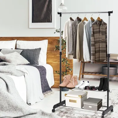 Image de Portant à vêtements réglable avec roulettes et étagères à chaussures pour armoire de chambre à coucher noir