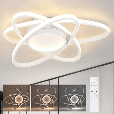 A modern white LED ceiling light with multiple rings, shown on a white ceiling. Below are three smaller images showing different light color temperatures and a remote control.