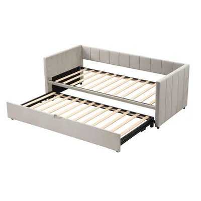Produktbild von Flieks Schlafsofa 90x200cm/180x200cm Tagesbett Daybett, Kinderbett mit Lattenrost und Armlehnen, Gästebett Jugendbett, Samt, Hellgrau