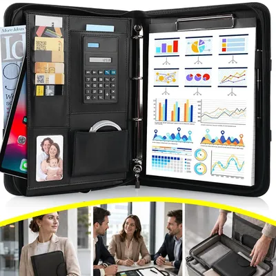 Produktbild von A4 Schreibmappe, Reißverschluss‑Konferenzmappe, Wasserdichte Dokumentenmappe mit Ringbuch, Klemmbrett und Notizblock, für Business‑Meetings