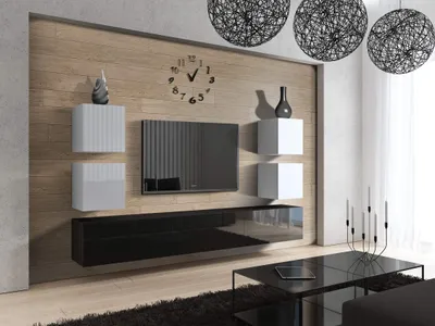 Produktbild von Furnitech Wohnwand Wohnzimmer - Wohnzimmer Möbel mit LED Blau - Hängend Wohnwand Modern - Regale und TV Schrank (Future C35/HG/WB3 1B)