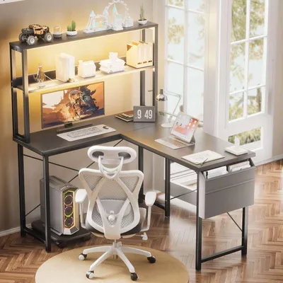 Produktbild von AIORBER LED L-förmiger Gaming Schreibtisch 148x110x148cm mit LED Beleuchtung und Regal Eckschreibtisch, Schwarz