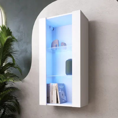 Produktbild von Komodee, Hängende Vitrine Schrank Tivoli, Weiß/Weiß, Breite 50cm x Höhe 100cm 50cm x Tiefe 29cm, LED Blau, 2 Regalböden, für Wohnzimmer, Schlafzimmer, Eingang
