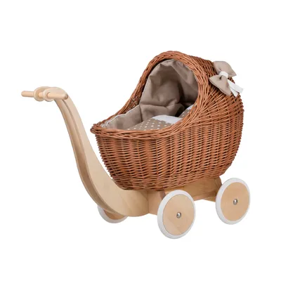 Obrázok produktu pre Prútený kočík pre bábiky Lili s béžovým lemovaním, prikrývkou a vankúšom 48 cm