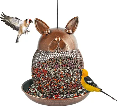 Image de (Or rose, 2 lb) Abri pour oiseaux, abri pour oiseaux sauvages pour l'extérieur, 2 lb graines abri pour oiseaux en métal à accrocher au toit, à accrocher à l'extérieur pour le jardin, facile à nettoyer