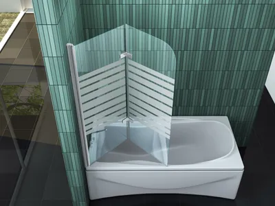 A shower screen installed over a bathtub in a bathroom with green tiled walls and black tiled floor.