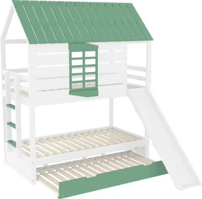 Image de Lit superposé 90 x 200 avec toboggan et lit gigogne, blanc + vert