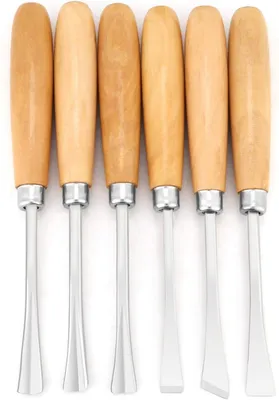 Produktbild von Holzschnitzschere, 45 polierte Stahlmeißelgriffe, professionelle handgefertigte Meißel, Holzschnitzset, DIY-Holzschnitzwerkzeuge (6-teiliges Kunststoffschnitzmesserset)