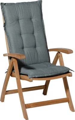 A studio shot of a grey cushion on a wooden chair.