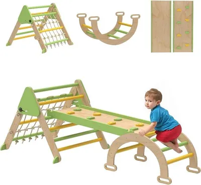 Productafbeelding van Montessori klimrek voor binnen, houten klimdriehoek met klimboog, dubbelzijdige glijbaan, binnenspeelplaats voor peuters en kinderen van 1,5-4 jaar, groen
