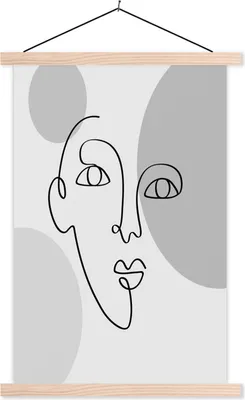Produktbild von MuchoWow® Textilposter Minimalismus - Gesicht - Schwarz - Weiß 60x90 cm mit holzfarbenen Rahmen - Textil