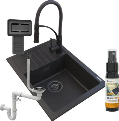 Produktbild von Granitan - Granitspüle - Küchenspüle - Spüle 62x44 cm - Schwarz - mit Armatur und Abtropffläche - ARGOS