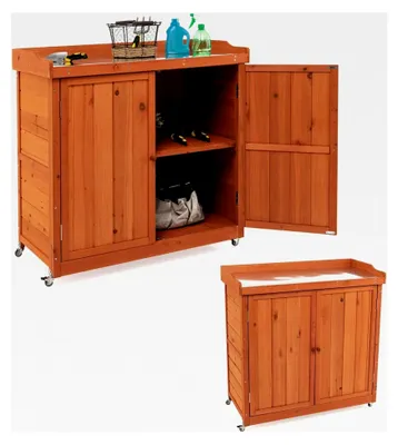 Produktbild von Gartenschrank aus Tannenholz mit Arbeitsplatte, abnehmbarem Regal und Rollen, wetterfester Gärtnertisch für Terrasse, Garten und Balkon, 98,5 × 48 × 100 cm