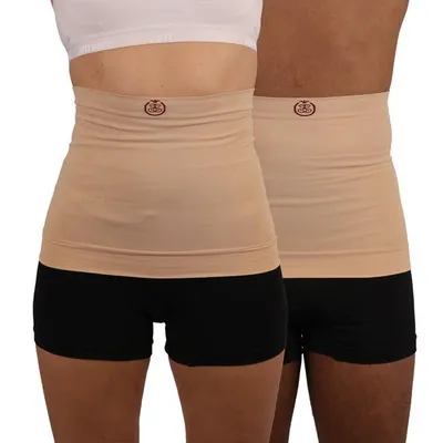 Two people wearing beige stomach bands over black shorts.